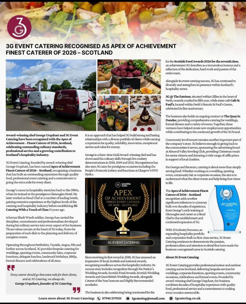 Newspaper article on 3G Caterings latest awards for 2026.